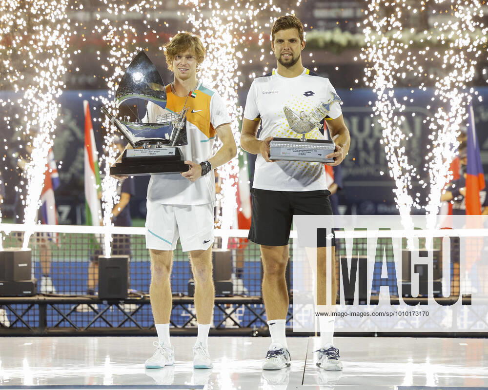 Finalist Jiri Vesely and winner Andrey Rublev with the cup, trophy, joy, emotion, award ceremony, presentation Tennis Dubai Duty Free Tennis Championships ATP Dubai Duty Free Tennis Stadium Dubai United Arab Emirates 26 February 2022