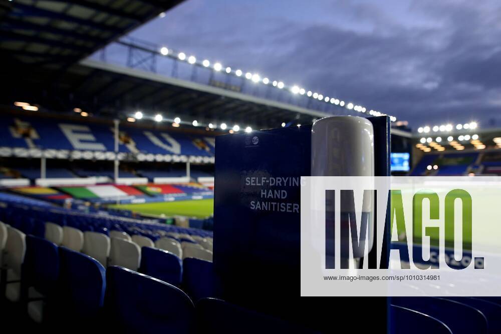 Mandatory Credit: Photo by Paul Greenwood BPI Shutterstock (11673918fk) Hand sanitiser dispensers in the stands Everton v West Ham United, Premier League, Football, Goodison Park, Liverpool, UK - 01 Jan 2021 Everton v West Ham United, Premier League, Football, Goodison Park, Liverpool, UK - 01 Jan 2021