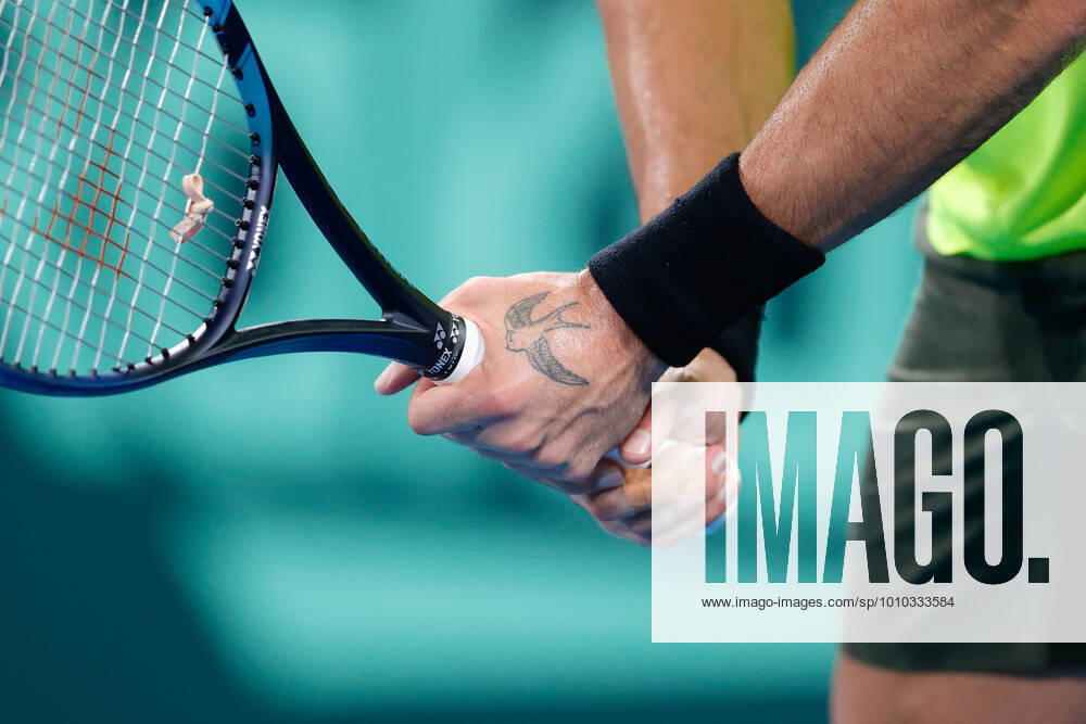 Thanasi Kokkinakis of Australia swallow tattoo on his hand during the Davis Cup Qualifier match between Australia and Hungary at Sydney Olympic Park Tennis Centre, Sydney, Australia on 4 March 2022.