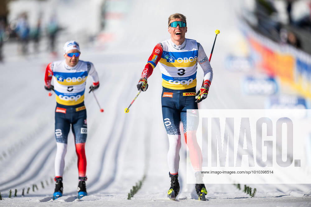 Martin Lowstrom Nyenget of Norway celebrates winning men 50s 50 km classic technique mass start during the FIS Cross Country World Cup on March 6, 2022 in Oslo Photo Jon Olav Nesvold BILDBYRAN COP 217 JE0049 skidor cross country skiing langrenn fis world cup oslo holmenkollen men s 50 km bbeng norway norway jubel,