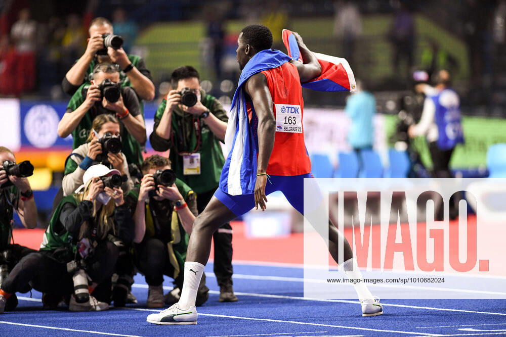 athletics , world indoor championships 2022, v l Lazaro Martinez Cuba poses after his triple jump SIeg victory Belgrade. kp