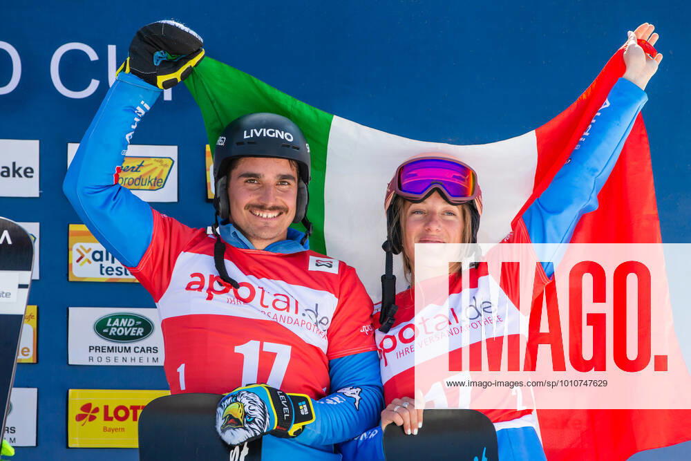 SNOWBOARDING - FIS WC Berchtesgaden BERCHTESGADEN,GERMANY,20.MAR.22 - SNOWBOARDING - FIS World Cup, mixed team event, ladies, men. Image shows Maurizio Bormolini (ITA) and Elisa Caffont (ITA). GEPAxpictures xGintarexKarpaviciute