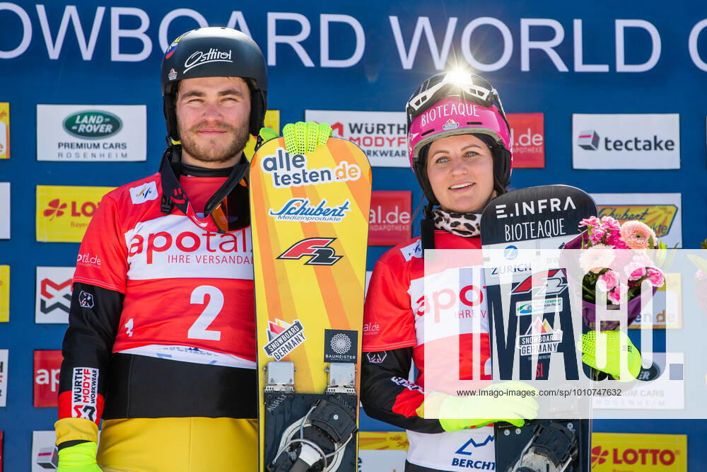 SNOWBOARDING - FIS WC Berchtesgaden BERCHTESGADEN,GERMANY,20.MAR.22 - SNOWBOARDING - FIS World Cup, mixed team event, ladies, men. Image shows Stefan Baumeister (GER) and Ramona Theresia Hofmeister (GER). GEPAxpictures xGintarexKarpaviciute