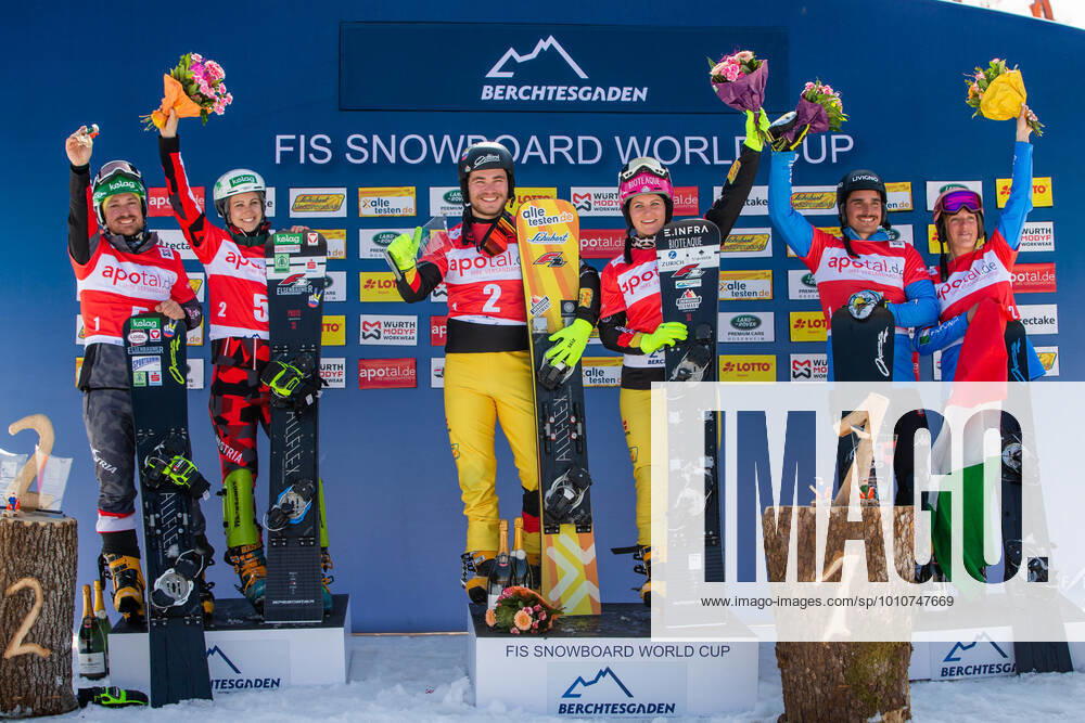 SNOWBOARDING - FIS WC Berchtesgaden BERCHTESGADEN,GERMANY,20.MAR.22 - SNOWBOARDING - FIS World Cup, mixed team event, ladies, men. Image shows Alexander Payer (AUT), Sabine Schoeffmann (AUT), Stefan Baumeister (GER), Ramona Theresia Hofmeister (GER), Maurizio Bormolini (ITA) and Elisa Caffont (ITA). GEPAxpictures xGintarexKarpaviciute