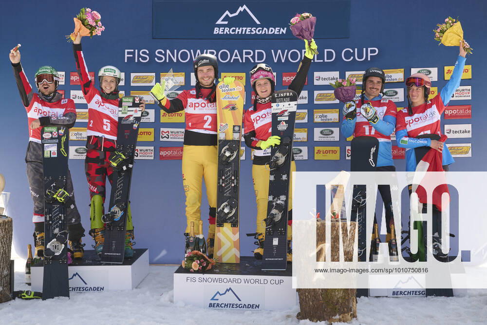 Berchtesgaden, Germany 20 March 2022 FIS Snowboard World Cup Final 2021 2022 Parallel Slalom Berchtesgaden 20 03 2022 Award ceremony PS Team from left Alexander Payer AUT , Sabine Schoeffmann AUT , Stefan Baumeister GER , Ramona Hofmeister GER , Maurizio Bormolini ITA and Elisa Caffont ITA Bischofswiesen Götschen Bayern