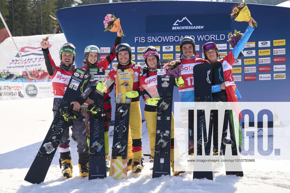 Berchtesgaden, Germany 20 March 2022 FIS Snowboard World Cup Final 2021 2022 Parallel Slalom Berchtesgaden 20 03 2022 Award ceremony PS Team from left Alexander Payer AUT , Sabine Schoeffmann AUT , Stefan Baumeister GER , Ramona Hofmeister GER , Maurizio Bormolini ITA and Elisa Caffont ITA Bischofswiesen Götschen Bayern