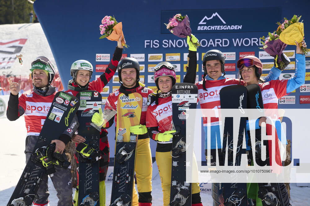 Berchtesgaden, Germany 20 March 2022 FIS Snowboard World Cup Final 2021 2022 Parallel Slalom Berchtesgaden 20 03 2022 Award ceremony PS Team from left Alexander Payer AUT , Sabine Schoeffmann AUT , Stefan Baumeister GER , Ramona Hofmeister GER , Maurizio Bormolini ITA and Elisa Caffont ITA Bischofswiesen Götschen Bayern