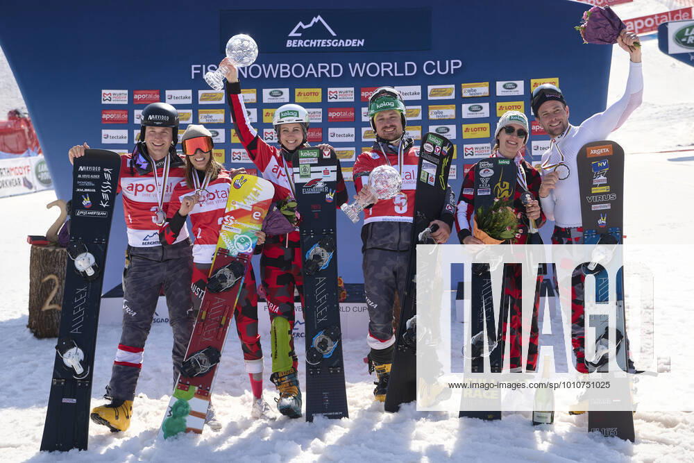 Berchtesgaden, Germany 20 March 2022 FIS Snowboard World Cup Final 2021 2022 Parallel Slalom Berchtesgaden 20 03 2022 Winners Overall World Cup from left Benjamin Karl AUT , Daniela Ulbing AUT , Sabine Schoeffmann AUT , Alexander Payer AUT , Julia Dujmovits AUT and Arvid Auner AUT Bischofswiesen Götschen Bavaria