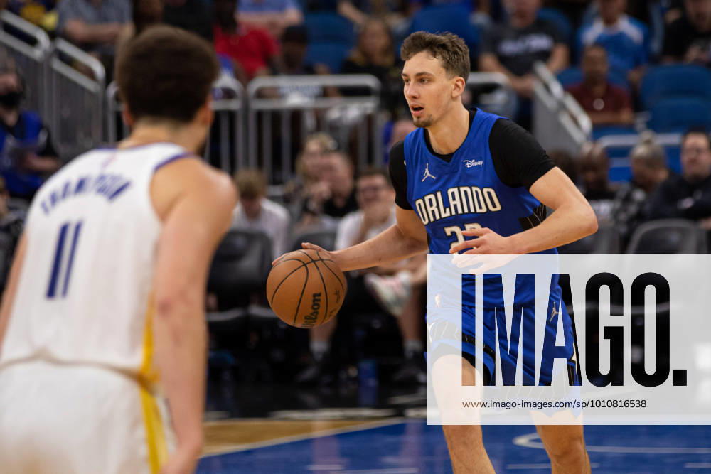 Orlando, Florida, March 22nd 2022: Franz Wagner (22 Orlando Magic) dribbles the ball during the National Basketball Association game between Orlando Magic and Golden State Warriors at Amway Center in Orlando, Florida. Andrea Vilchez SPP Orlando Magic v Golden State Warriors - National Basketball Association - Amway Center