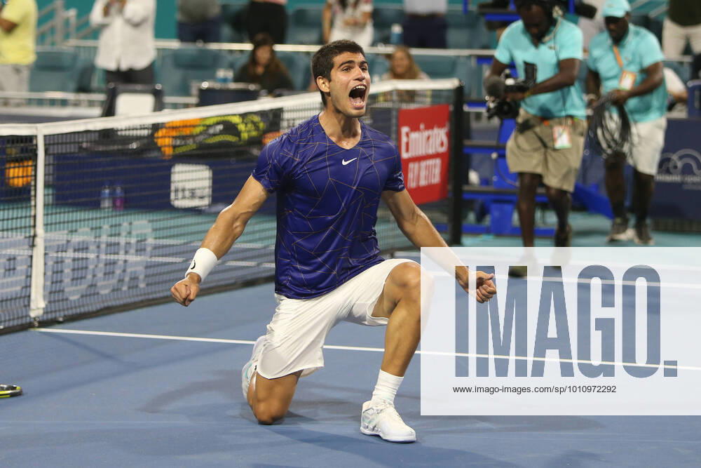 Carlos Alcaraz (ESP) reacts after winning his men s singles quarterfinals match at the Miami Open presented by Itau at Hard Rock Stadium in Miami Gardens, Florida. Miami Gardens United States - ZUMAw109 20220331_zap_w109_059