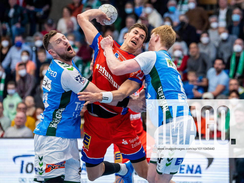 Jona Schoch HBW Balingen Weilstetten, 22 in duel with Jacob Bagersted Frisch Auf Goeppingen 14 and Jon Lindenchhrone Andersen Frisch auf Goeppingen, 06 , Frisch Auf Goeppingen vs HBW Balingen Weilstetten, 1 Bundesliga, Handball, Men, 03 04 2022 Frisch Auf Goeppingen vs HBW Balingen Weilstetten, 1 Bundesliga, Handball, Men, 03 04 2022 Goeppingen