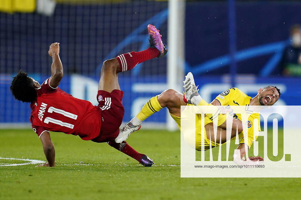 KW14 ESP: Villarreal CF - Bayern Munich. UEFA Champions League Francis Coquelin of Villarreal CF and Kingsley Coman of Bayern Munich during the UEFA Champions League match between Villarreal CF and Bayern Munich played at La Ceramica Stadium on April 6, 2022 in Villarreal, Spain. kpng
