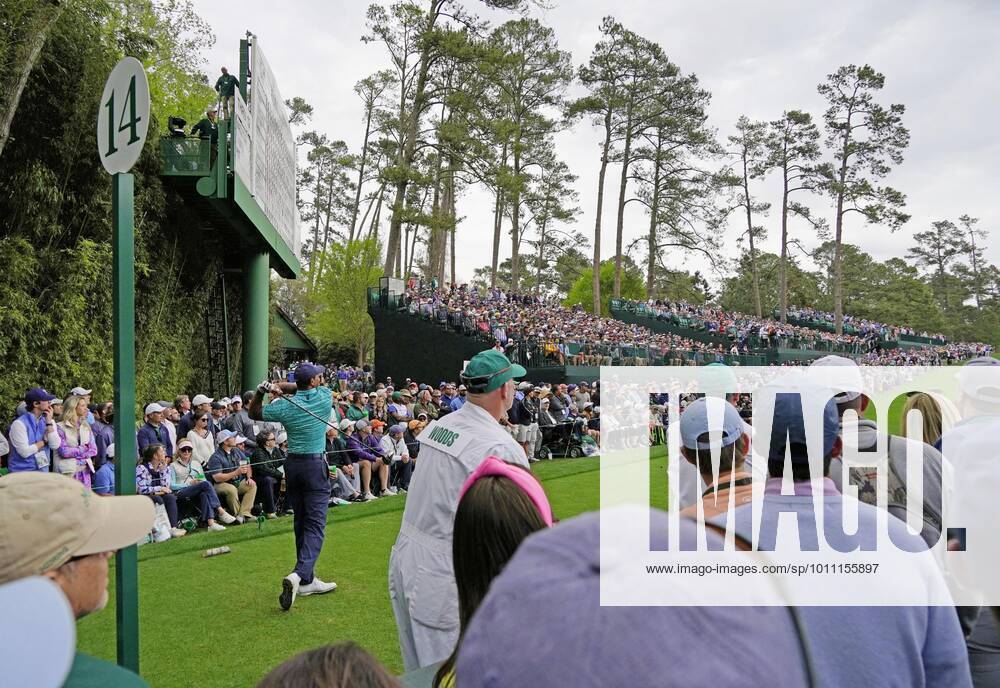 Golf: Masters Tournament Tiger Woods (L) of the United States hits from the 14th tee during the second round of the Masters Tournament on April 8, 2022, at Augusta National Golf Club in Augusta, Georgia. A14AA0001277886P