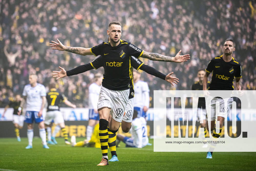 AIKs Alexander Milosevic cheers after 1 0 during the football match in the Allsvenskan between AIK and IFK Norrköping on April 10, 2022 in Stockholm,