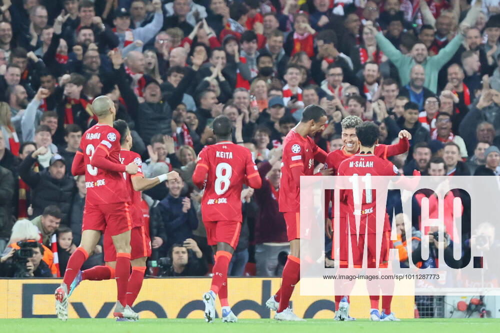 Liverpool v S L Benfica - UEFA Champions League Roberto Firmino of Liverpool scores his team s third goal during the UEFA Champions League match between Liverpool and S L Benfica at Anfield, Liverpool on Wednesday 13th April 2022. Liverpool United Kingdom