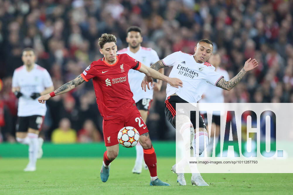Liverpool v S L Benfica - UEFA Champions League Everton of Benfica battles with Kostas Tsimikas of Liverpool during the UEFA Champions League match between Liverpool and S L Benfica at Anfield, Liverpool on Wednesday 13th April 2022. Liverpool United Kingdom