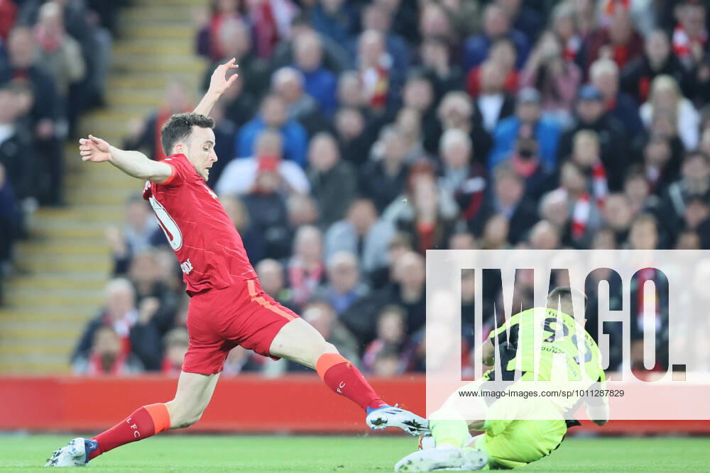 Liverpool v S L Benfica - UEFA Champions League Diogo Jota of Liverpool goes down in the box during the UEFA Champions League match between Liverpool and S L Benfica at Anfield, Liverpool on Wednesday 13th April 2022. Liverpool United Kingdom