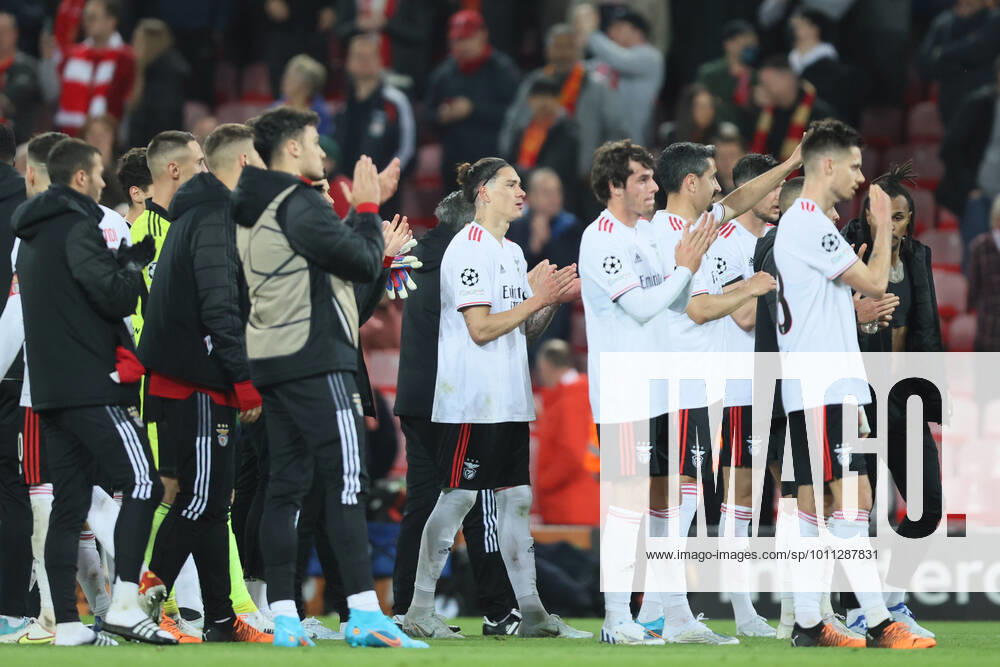 Liverpool v S L Benfica - UEFA Champions League The Benfica team applaud the fans during the UEFA Champions League match between Liverpool and S L Benfica at Anfield, Liverpool on Wednesday 13th April 2022. Liverpool United Kingdom