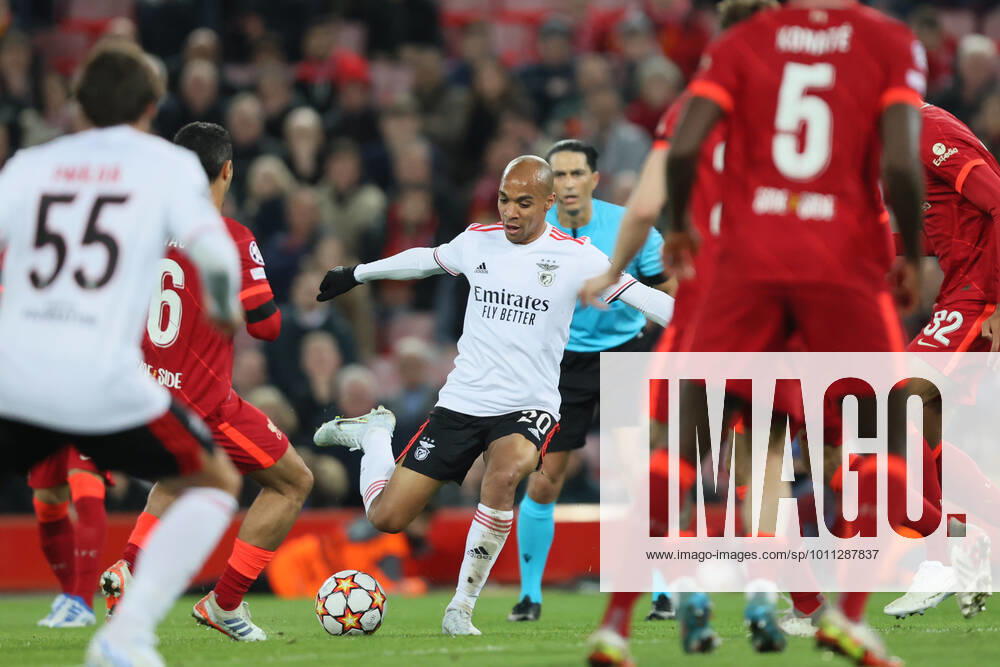 Liverpool v S L Benfica - UEFA Champions League Joao Mario of Benfica makes a pass during the UEFA Champions League match between Liverpool and S L Benfica at Anfield, Liverpool on Wednesday 13th April 2022. Liverpool United Kingdom