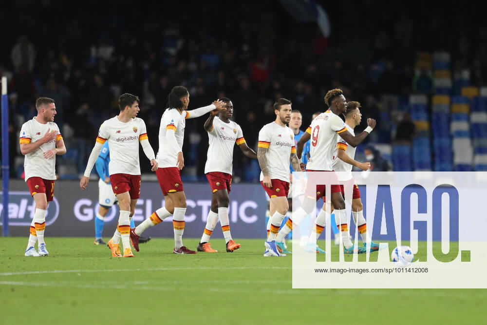 Italy: Serie a football match SSC Napoli vs AS Roma RomaÕs Italian forward Stephan El Shaarawy celebrates after scoring a goal during the Serie A football match between SSC Napoli and AS Roma at the DiegoXArmandoXMaradona Stadium in Naples, southern Italy, on April 18, 2022. ABPH2787