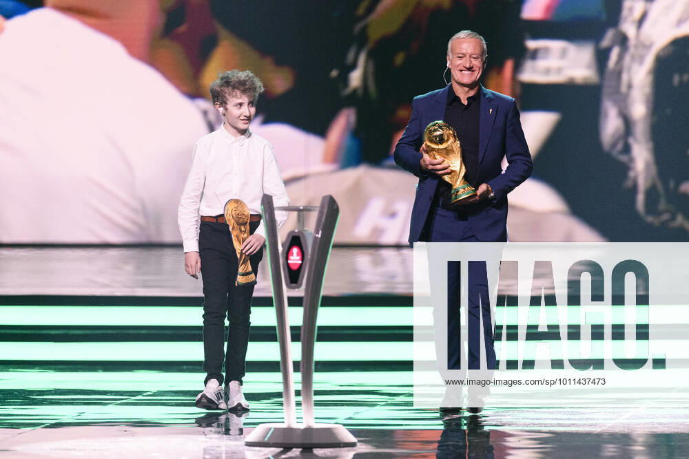 FIFA World Cup 2022 Qatar Final Draw in Doha Qatar , at Doha Exhibition Center DECC , Joris and Didier Deschamps France with the World Cup trophy on stage