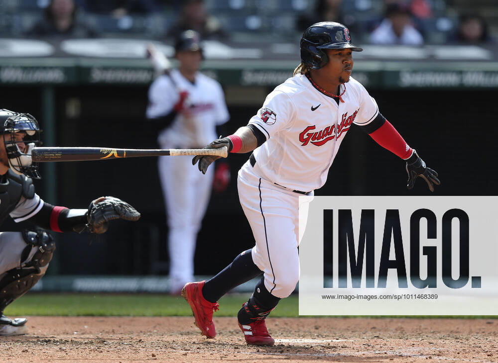 Cleveland Guardians Jose Ramirez (11) hits a single against the Chicago White Sox in the eigth inning at Progressive Field in Cleveland, Ohio on Thursday, April 21, 2022. CLE20220421121 AARONxJOSEFCZYK