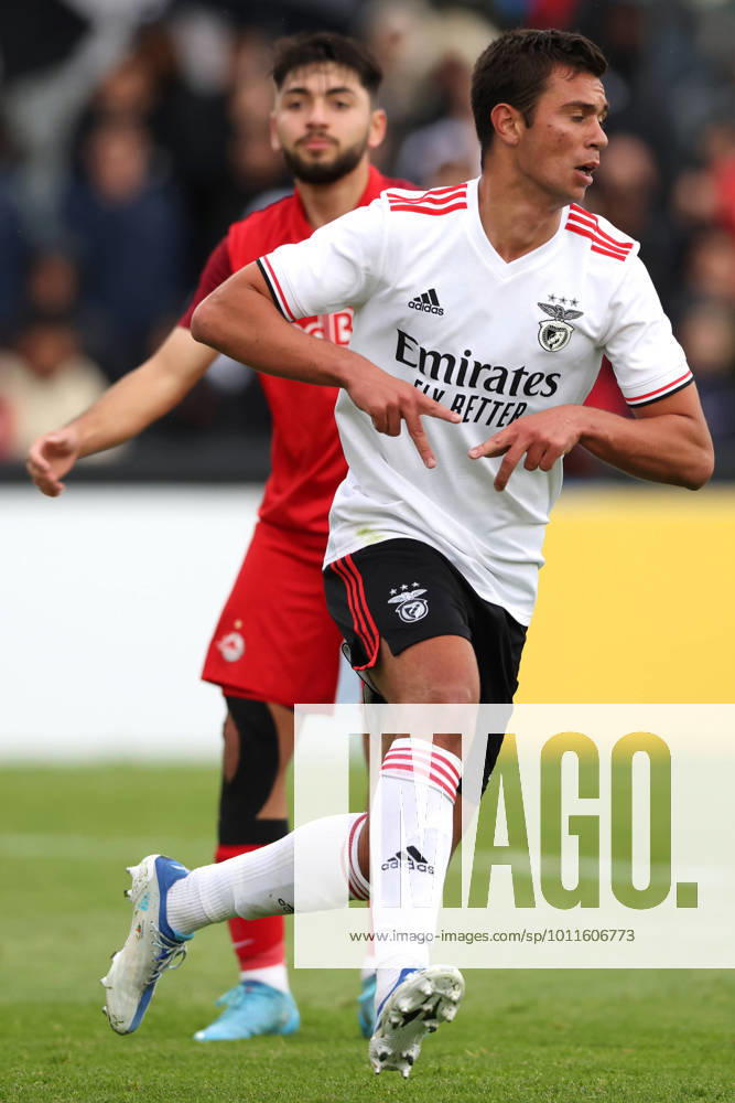 Nyon, Switzerland, 25th April 2022. Henrique Araujo of SL Benfica celebrates after scoring to give the side a 2-0 lead during the UEFA Youth League match at Colovray Sports Centre, Nyon. Picture credit should read: Jonathan Moscrop Sportimage . SPI-1659