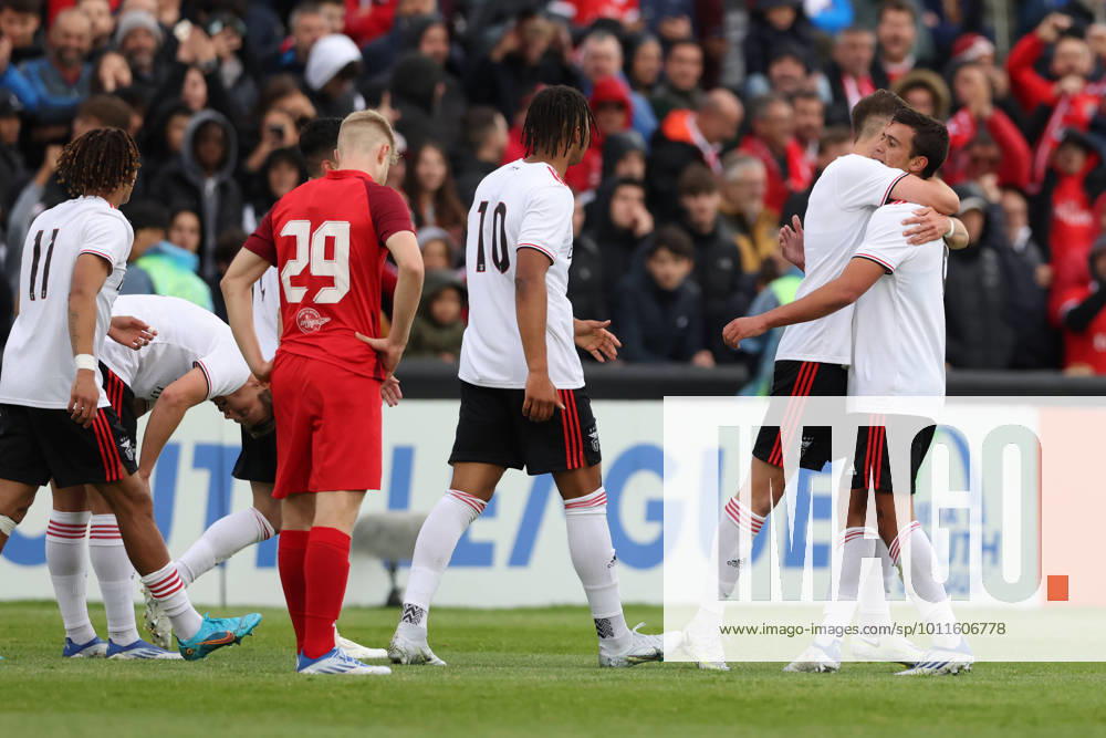 Nyon, Switzerland, 25th April 2022. Henrique Araujo of SL Benfica celebrates with team mates after scoring to give the side a 2-0 lead during the UEFA Youth League match at Colovray Sports Centre, Nyon. Picture credit should read: Jonathan Moscrop Sportimage . SPI-1659