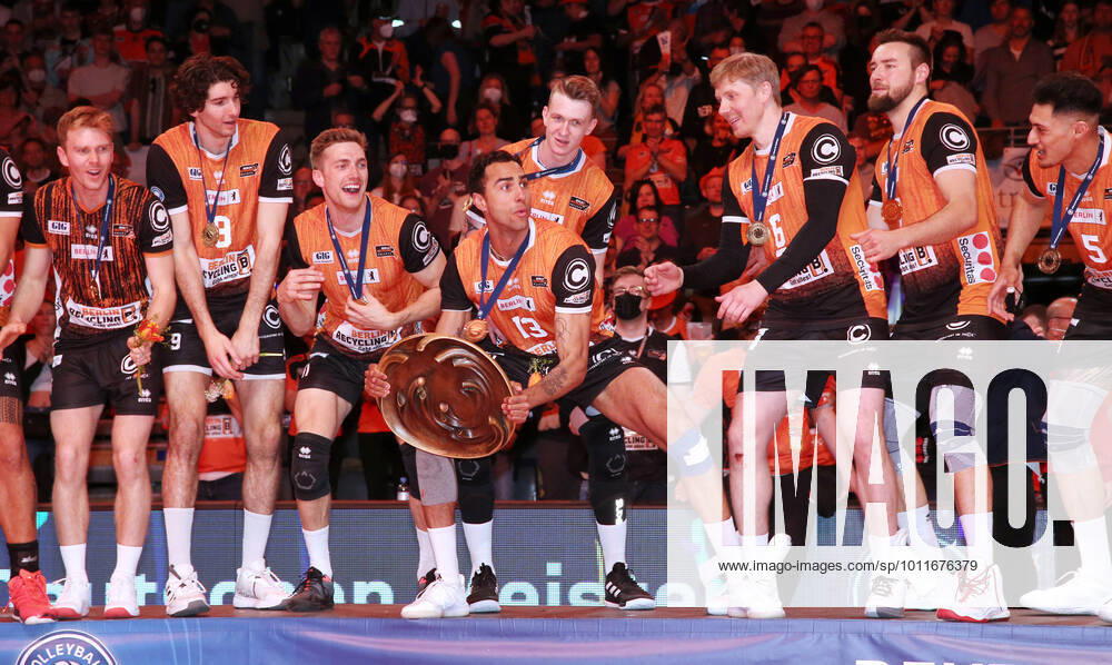 German champion BR Volleys Benjamin patch with championship trophy sports volleyball playoff final 5 game Bundesliga men season 2021 2022 30 04 2022 BR Volleys Berlin BRV vs VfB Friedrichshafen