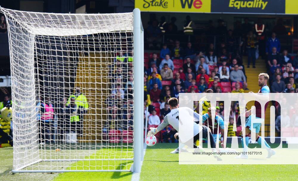 Mandatory Credit: Photo by Javier Garcia Shutterstock (12916967av) Burnley Goalkeeper Nick Pope makes a reaction save on his near post at 1-0 down to prevent a second Watford goal Watford v Burnley, Premier League, Football, Vicarage Road, Watford, UK - 30 Apr 2022 Watford v Burnley, Premier League, Football, Vicarage Road, Watford, UK - 30 Apr 2022