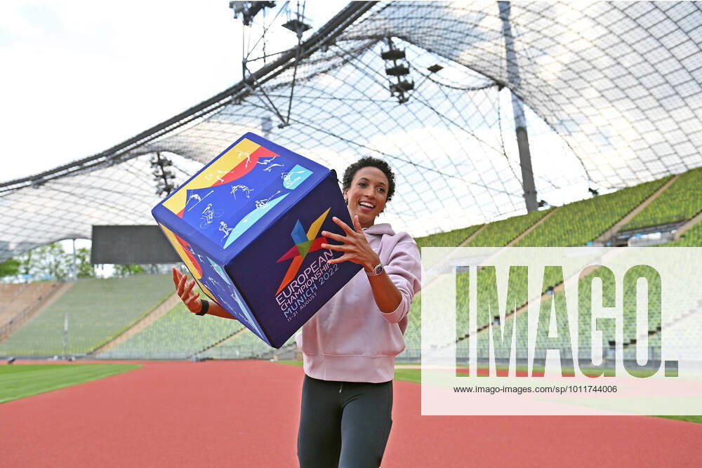 Malaika MIHAMBO long jumper posing with a cube with the logo of the European Championships in the Olympic Stadium single image,cropped single image,half figure,half figure press event European Championships 2022 on 03 05 2022