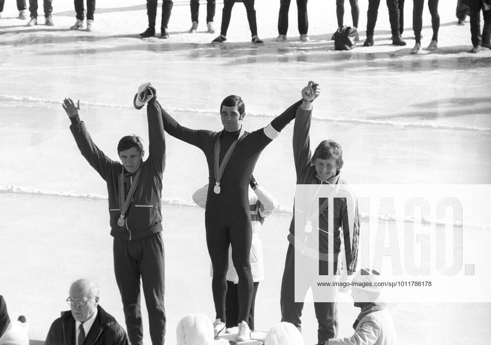 Valery Muratov, Erhard Keller, Hasse B?rjes 553485 08.02.1972 XI Winter Olympic Games, Olympische Spiele, Olympia, OS in Sapporo. Winners of Men s 500m Speed skating, Eisschnelllauf race, left to right: Valery Muratov (USSR, 3rd place), Erhard Keller (FRG, 1st place), Hasse B?rjes (Sweden, 2nd place) on the victory podium. Dmitryi Donskoy Sputnik Sapporo Japan