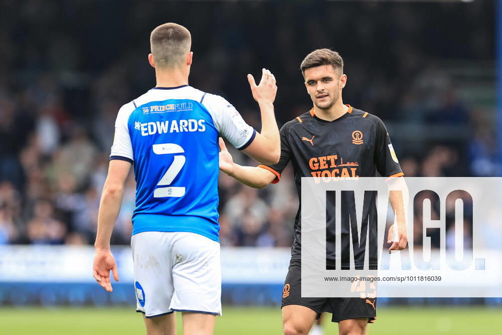 Sky Bet Championship Peterborough v Blackpool Jake Daniels 43 of Blackpool shakes pads with Ronnie Edwards 2 of Peterborough United after the game Peterborough Weston Homes Stadium Cambridgeshire United Kingdom