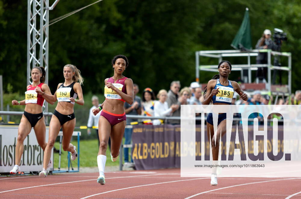 31 Internationales thallos Laeufermeeting Pliezhausen, 08 05 2022 Had at the end the nose in front Malaika Mihambo GER LG Kurpfalz at the finish after 150m with in the picture are Alica Schmidt GER SCC Berlin and Holly Okuku GER GSV Eintracht Baunatal 31 Internationales thallos Laeufermeeting on 08 05 2022 in the Schoenbuchstadion in Pliezhausen Baden Wuerttemberg