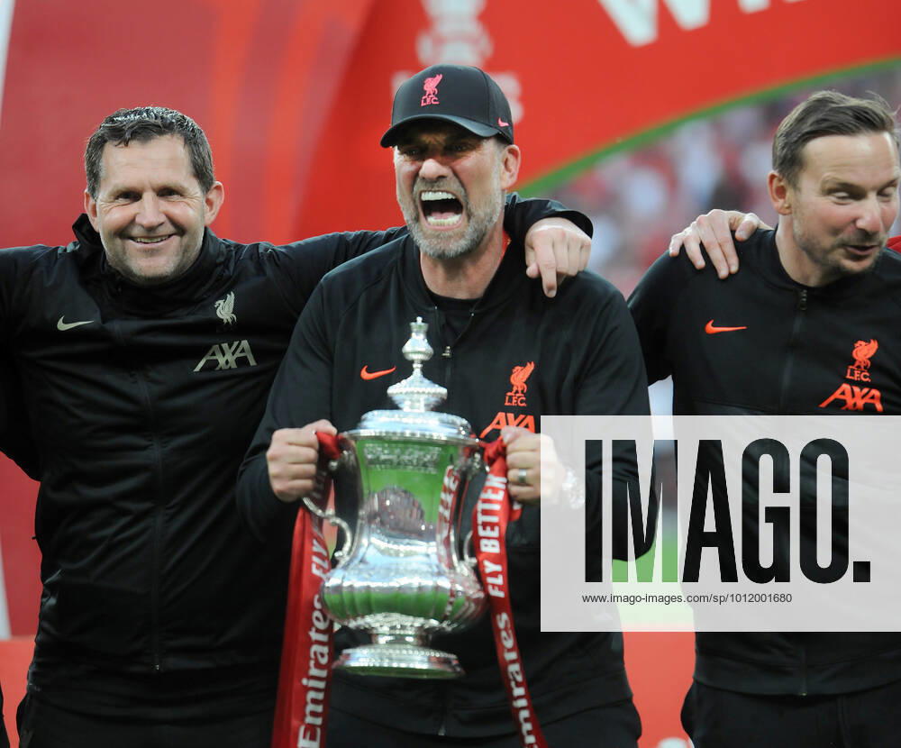 Football - 2021 2022 Emirates FA Cup - Final - Chelsea vs Liverpool - Wembley Stadium - Saturday 14th May 2022 Liverpool Manager, Jurgen Klopp with the trophy