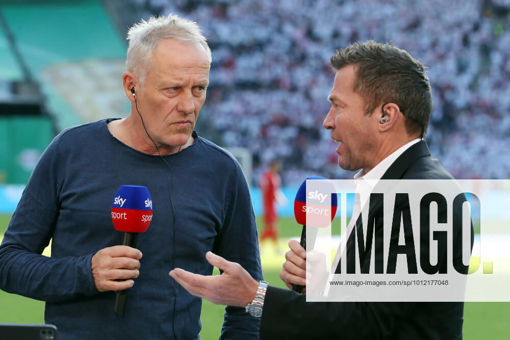 Coach Christian Streich interviewed on Sky television private broadcaster expert Lothar Matthäus sports soccer DFB Cup final season 2021 2022 21 05 2022 SC Freiburg SCF vs RasenBall Sport Leipzig RBL