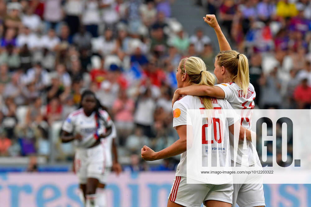 FC Barcelona, Barca v Olympique Lyon, UEFA Women?s Champions League final, football, Turin, Italy Turin, Italy. 21st, May 2022. Ada Hegerberg (14) of Olympique Lyon scores for 0-2 and celebrates with Lindsey Horan (26) during the UEFA Women?s Champions League final between Barcelona and Olympique Lyon at Juventus Stadium in Turin. Turin Italy