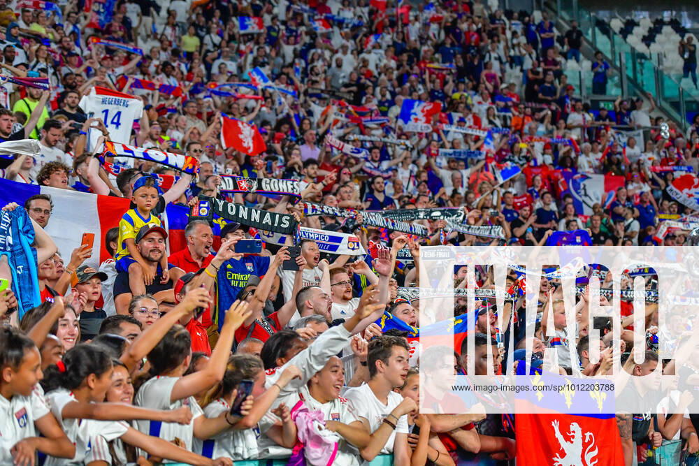 FC Barcelona, Barca v Olympique Lyon, UEFA Women?s Champions League final, football, Turin, Italy Turin, Italy. 21st, May 2022. Football fans of Olympique Lyon seen on the stands during the UEFA Women?s Champions League final between Barcelona and Olympique Lyon at Juventus Stadium in Turin. Turin Italy