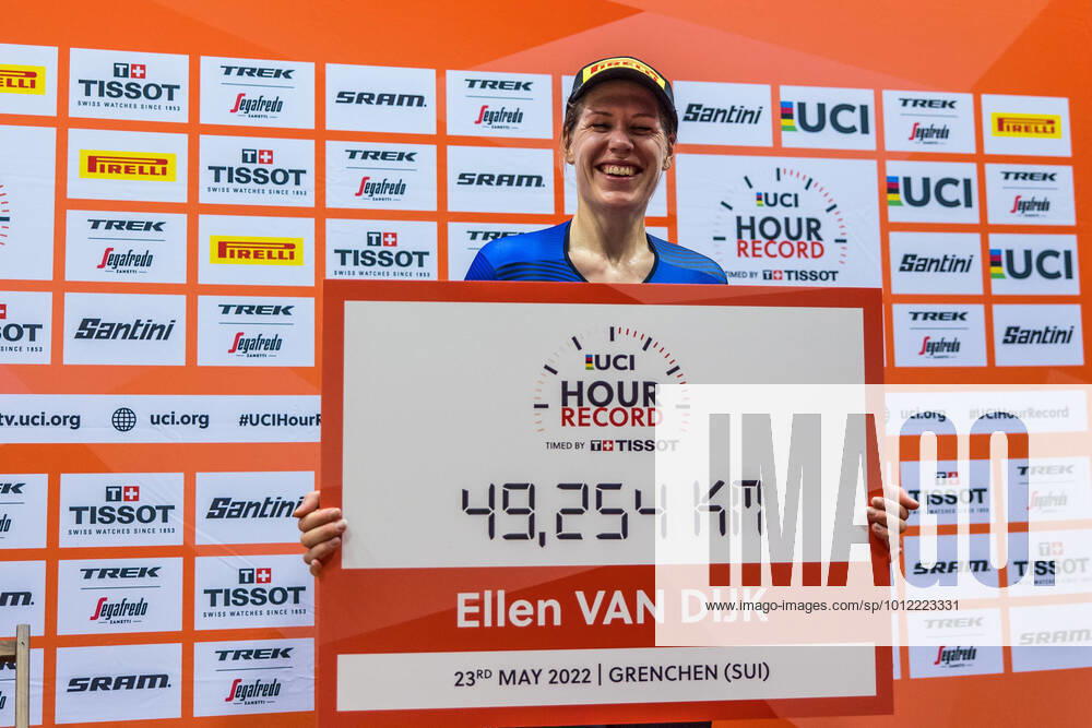 UCI Hour Record Attempt by Ellen van Dijk NED , 23 05 2022 Ellen van Dijk NED improves the UCI Hour Record to 49 254 km in Grenchen Tissotvelodrome , on Monday