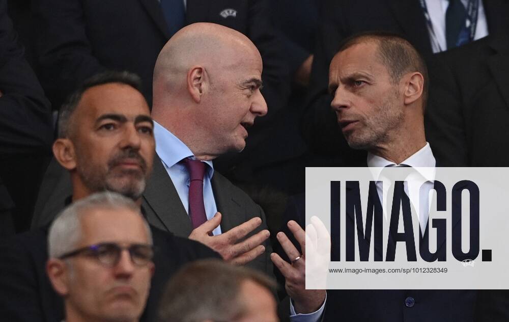 France Soccer Champions League Liverpool - Real Madrid 8203090 28.05.2022 FIFA President Gianni Infantino, left, and UEFA President Aleksander Ceferin watch the Champions League final soccer match between Liverpool and Real Madrid in Paris, France. Alexey Filippov Sputnik Paris France