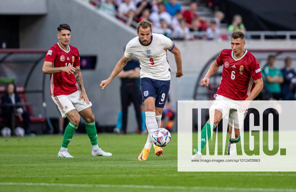 Hungary v England: UEFA Nations League - League Path Group 3 Harry Kane of England competes for the ball with Willi Orban of Hungary during the UEFA Nations League A3 match at Puskas Arà na on June 04, 2022 in Budapest, Hungary. Budapest Hungary