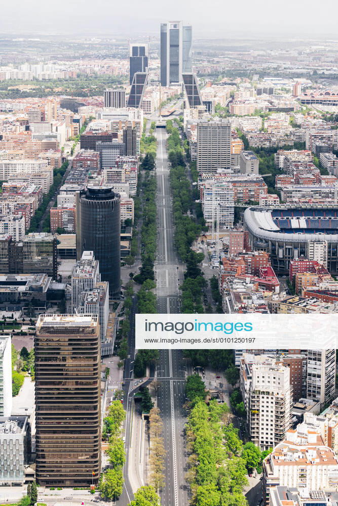 Spain, Madrid, Helicopter view of empty city downtown during COVID-19 outbreak JCMF00688