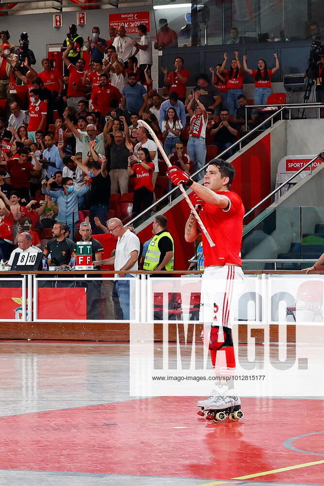 Sl Benfica V FC Porto - Rink Hockey Playofs 4th Leg Finals Carlos Nicolia of SL Benfica celebrates during the Rink Hockey playoffs 4th leg between SL Benfica and FC Porto, at Pavilhao Fidelidade, Lisboa, Portugal, 25, June, 2022 Lisbon Portugal