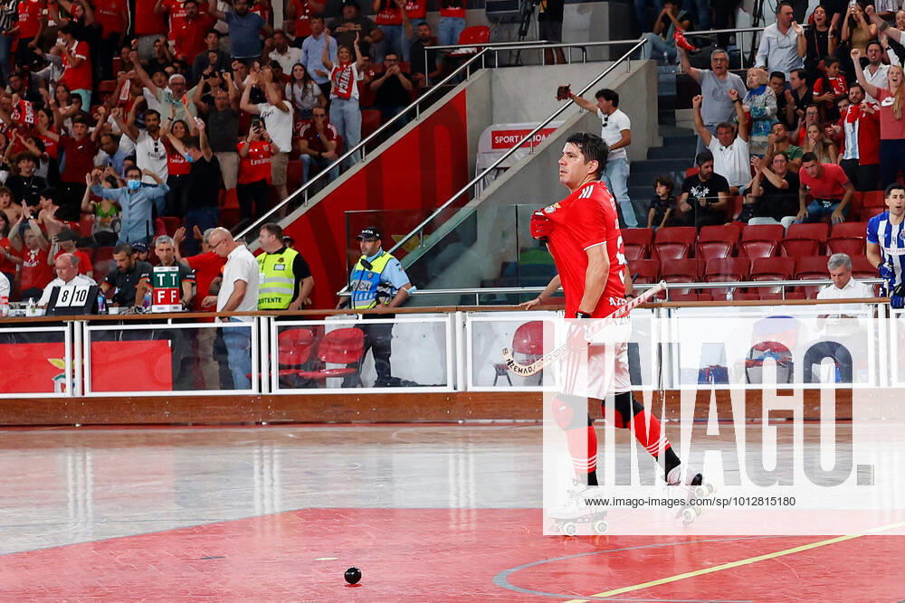 Sl Benfica V FC Porto - Rink Hockey Playofs 4th Leg Finals Carlos Nicolia of SL Benfica celebrates during the Rink Hockey playoffs 4th leg between SL Benfica and FC Porto, at Pavilhao Fidelidade, Lisboa, Portugal, 25, June, 2022 Lisbon Portugal