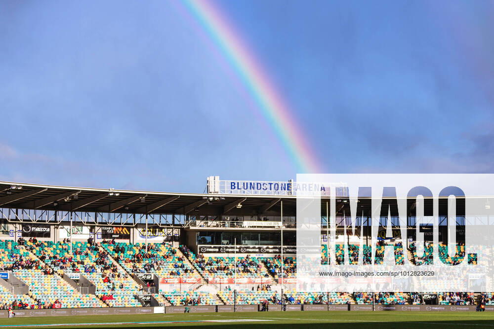 KW25 AFL KANGAROOS CROWS, Rainbow at Blundstone Arena during the AFL Round 15 match between the North Melbourne Kangaroos and the Adelaide Crows at Blundstone Arena in Hobart, Sunday, June 26, 2022. ( NO ARCHIVING, , NO USE IN BOOKS WITHOUT CONSENT HOBART TASMANIA AUSTRALIA
