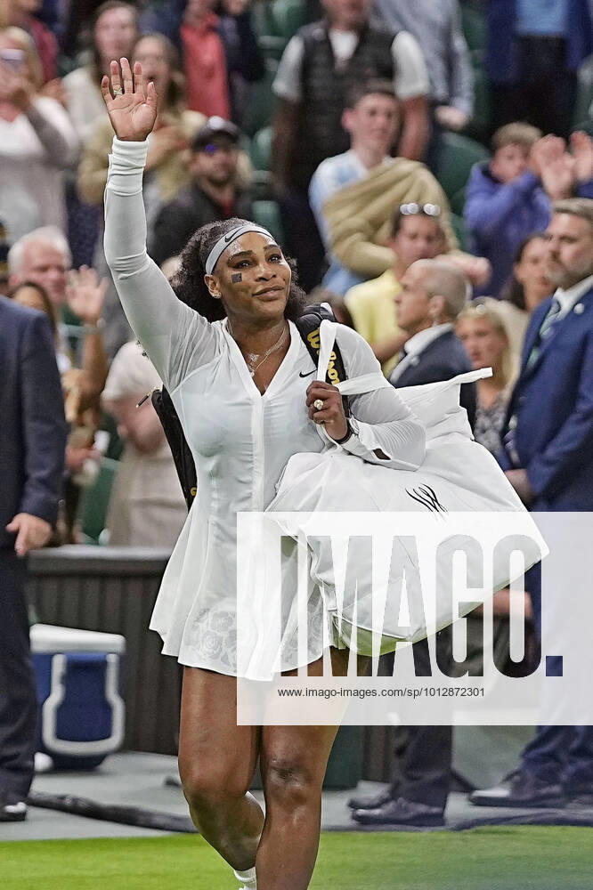 Tennis: Wimbledon championships Serena Williams of the United States acknowledges spectators as she leaves the court after being defeated by Harmony Tan of France in the first round of the Wimbledon tennis tournament in London on June 28, 2022. A14AA0001307359P