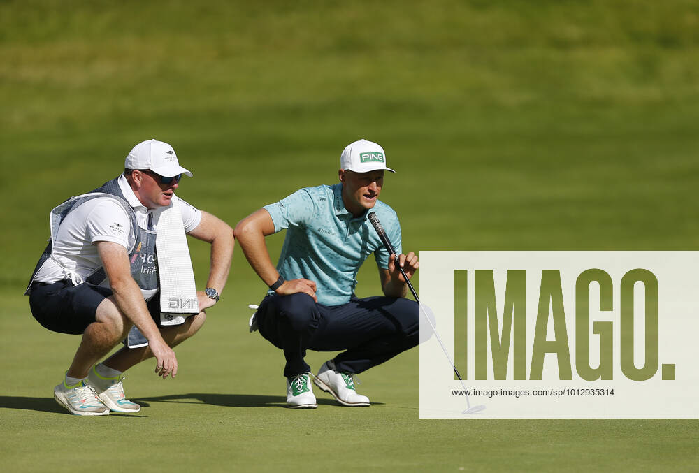 2nd July 2022, Mount Juliet Golf & Spa Hotel, Thomastown, County Kilkenny, Republic of Ireland: Horizon Irish Open Golf, 3rd round; Adrian Meronk of Poland reads his lie on the 18th green ActionPlus12404245 PeterxFitzpatrick