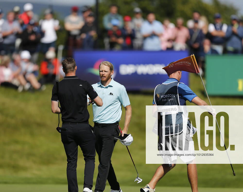 2nd July 2022, Mount Juliet Golf & Spa Hotel, Thomastown, County Kilkenny, Republic of Ireland: Hhorizon Irish Open Golf, 3rd round; Sebastian Soderberg of Sweden and David Law of Scotland shake hands at the end of their round ActionPlus12404236 PeterxFitzpatrick