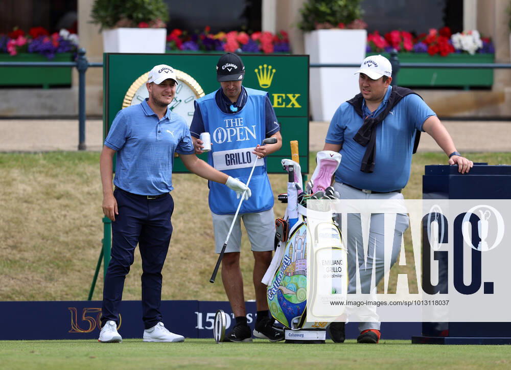 11th July 2022, Old Course at St Andrews, St Andrews, Fife, Scotland; The Open Golf Championship pre-tournament activities; Emiliano Grillo (ARG) with his caddie on the first hole ActionPlus12407500 DavidxBlunsden