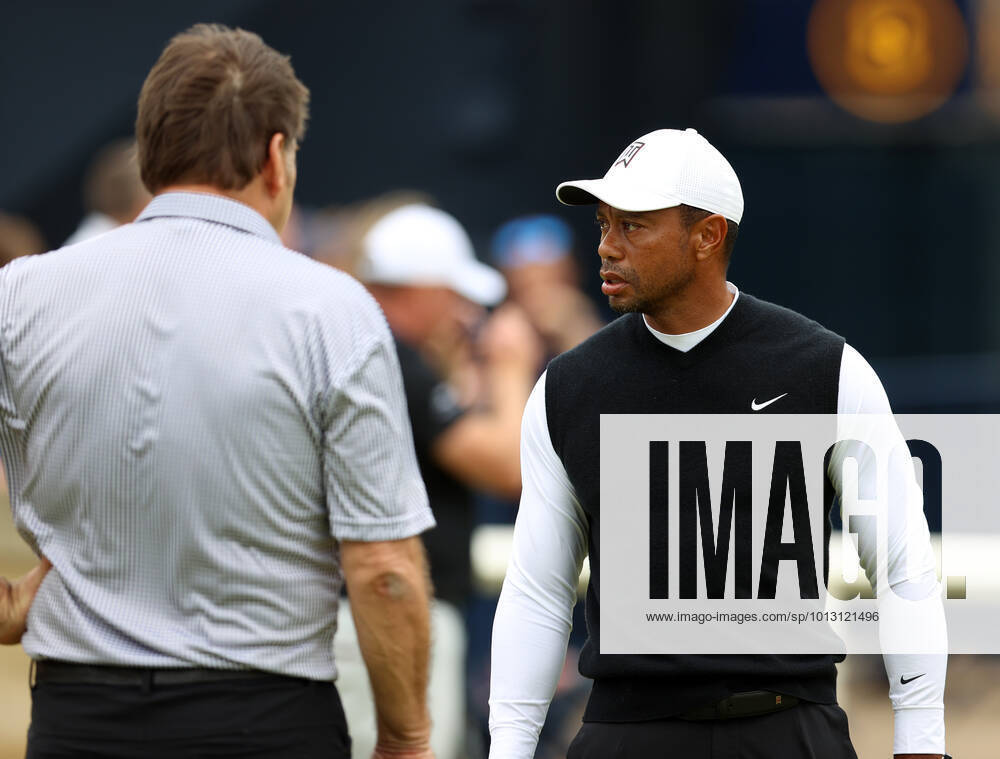 11th July 2022, Old Course at St Andrews, St Andrews, Fife, Scotland; The Open Golf Championship pre-tournament activities; Tiger Woods (USA) with Sir Nick Faldo on the practice putting green prior to the Celebration of Champions event ActionPlus12407574 DavidxBlunsden